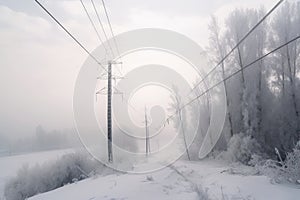 power line sagging under heavy snowfall, with view of tranquil winter landscape