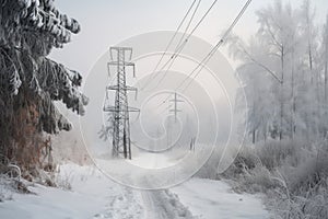 power line sagging under heavy snowfall, with view of tranquil winter landscape