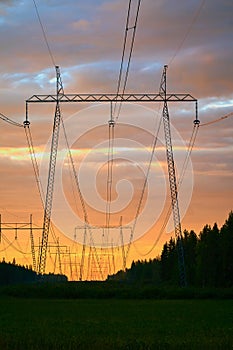 Power line in sunset colors