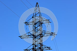 Power line support against blue sky background