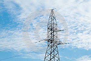 Power line support on the background of a blue sky with clouds