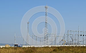 Power line support, insulators and wires. Appearance of a design. Assembly and installation of new support and wires of a power li