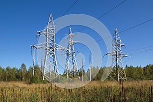 Power line supports near the forest