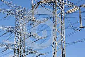 Power line tower. Energy industry. Industrial electricity production. Renewable production
