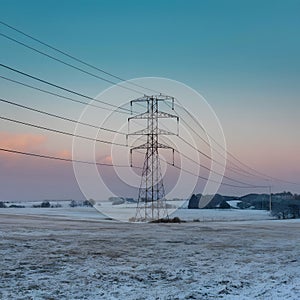 Power line tower on snowy field, rural landscape
