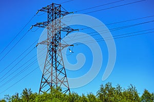 Power line towers against of the blue sky