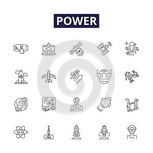 Power line vector icons and signs. Force, Capacity, Strength, Might, Authority, Control, Energy, Muscle outline vector