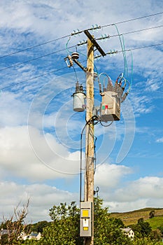 Power line with wooden poles on a green field