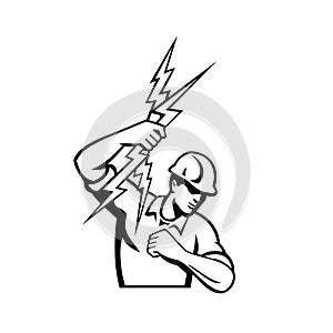 Power Lineman Electrician Throwing Lightning Bolt Black and White Retro