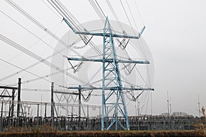 Power lines at distribution plant at Den Haag Wateringse Veld in the Netherlands.