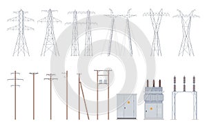 Power lines. High voltage cables, hanging wires, supports. Power transmission lines that deliver energy. Vector