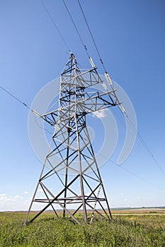 Power lines pylons next to a field