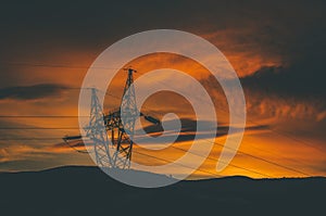 Power Lines Silhouetted By A Sunset In Bariloche 