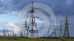 Power lines and sky with clouds.Clouds are floating.