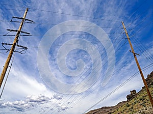 Power lines are strung above the Owyhee Dam in eastern Oregon, USA