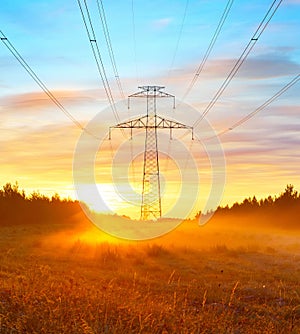 Power lines and sunrise landscape