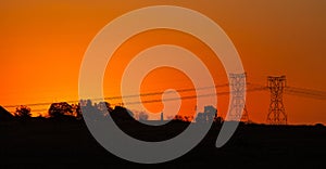 Power lines at sunset near Pretoria, South Africa