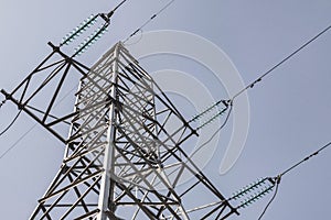 Power lines and towers - a modern high voltage power system. Against the background of the blue sky