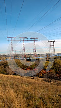 Power lines transmit electricity by wire, high voltage