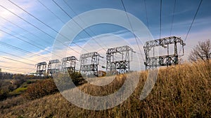 Power lines transmit electricity by wire, high voltage