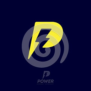 Power logo. P letter and lightning on the dark background. Energy emblem.m.