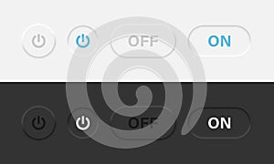 Power on and off buttons in neumorphic vector design. Neumorphism style power icons in light and dark theme. Vector illustration