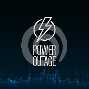 Power Outage, dark blue digital poster with warning sign and abstract city without electricity in digital style on background