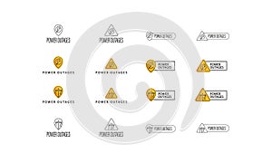 Power outage, large collection of signs, symbols and logos isolated on white background. Warning yellow symbols concepts.