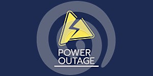 Power outage web banner has warning sign with lightning symbol.