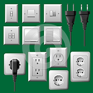 Power outlet, light switch and electrical plug set photo