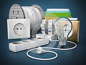 Power outlets, electric cables, fuse holders and lightbulb. 3D illustration photo