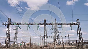 Power plant against the sky with clouds. High-voltage substation. Risk of electric shock. Distribution and