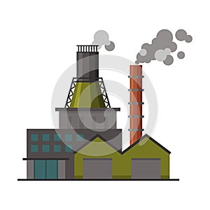 Power Plant Building, Industrial Factory with Polluting Smoke Flat Vector Illustration