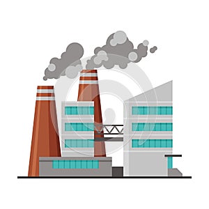 Power Plant Building, Industrial Factory with Smoking Chimneys, Environmental Pollution Flat Vector Illustration