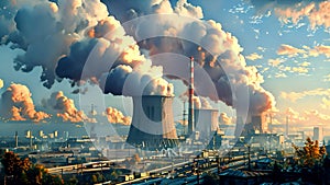 Power plant in the city. Industrial chimneys from factory. Metallurgy blue sky. Metallurgical industrial factory