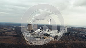 Power plant cooling tower aerial view