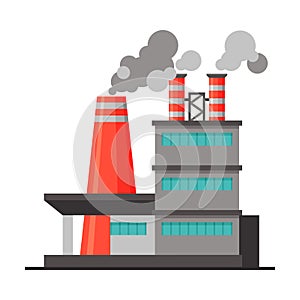 Power Plant or Factory Industrial Building with Polluting Smoke Flat Vector Illustration
