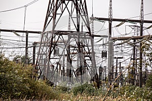Power plant. High voltage transmission and distribution station. Wire electrical energy