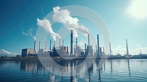 Power plant and industrial chimneys from factories. Air pollution and the cause of global warming