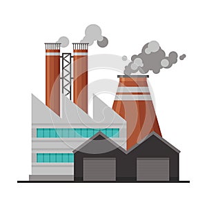 Power Plant, Industrial Factory Building with Polluting Smoke, Environmental Pollution Flat Vector Illustration