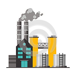 Power Plant, Industrial Factory Building with Polluting Smoke Flat Vector Illustration