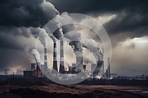 Power plant with smoking chimneys on a background of blue sky. coal energy production industry produces electricity through the