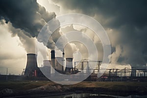 Power plant with smoking chimneys on cloudy sky background. Toned. coal energy production industry produces electricity through