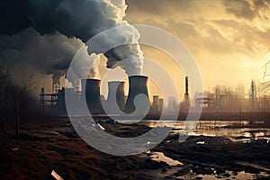 Power plant with smoking chimneys. Global warming and climate change concept, Coalfired power plant with plumes of smoke and steam