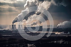 Power plant with smoking chimneys. Industrial landscape in the evening. coal energy production industry produces electricity