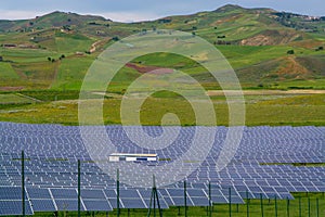 Power plant solar energie, valley with sun panels in Sicily, Italy