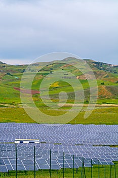 Power plant solar energie, valley with sun panels in Sicily, Italy