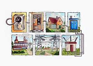 From power plant to socket, watercolor illustration