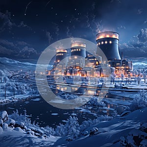 Power plant in the winter. Photorealistic 3d render., generative ai