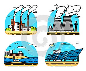 Power plants icons. Industrial buildings. Nuclear Factories, Chemical Geothermal, Solar Wind Tidal Wave Hydroelectric